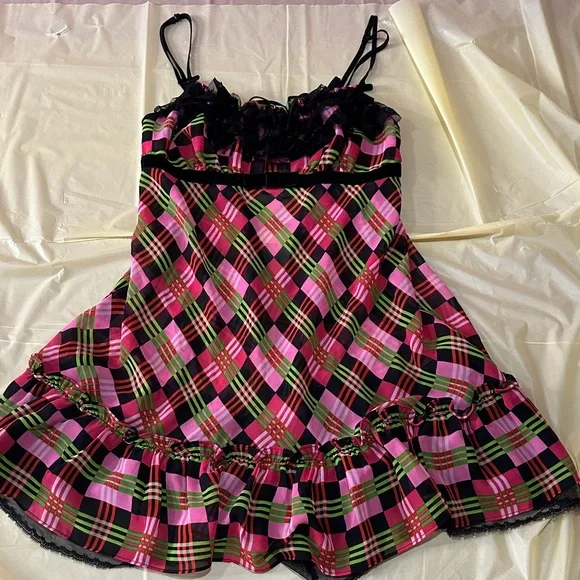 Betsey Johnson Plaid Pink and Green with Black Accents intimates size small - Picture 1 of 1